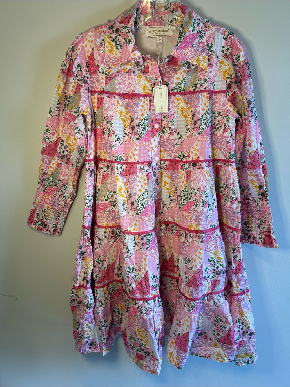 NWT Simply Southern Pink Yellow Floral Patchwork Tiered Dress with Collar